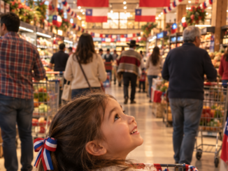 Fachada de un supermercado durante las celebraciones de Fiestas Patrias en Chile