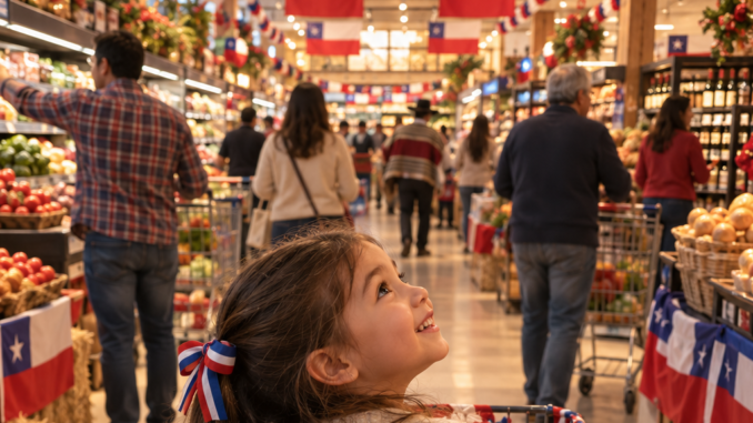 Fachada de un supermercado durante las celebraciones de Fiestas Patrias en Chile