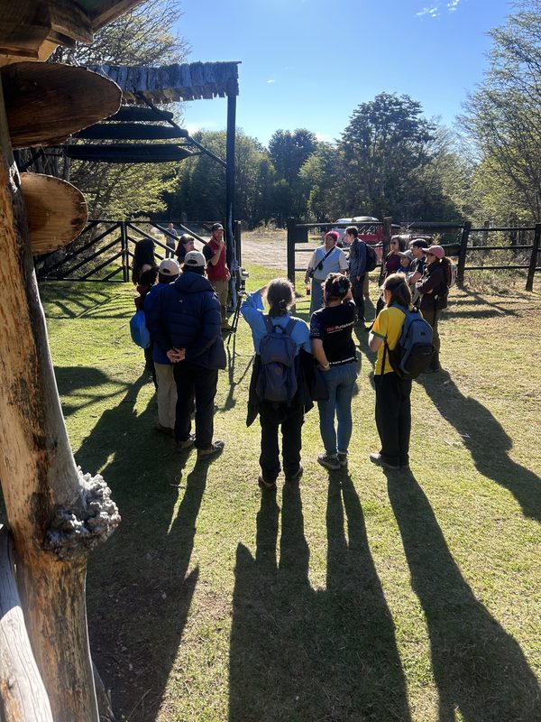 Visitantes utilizando equipos de amplificación y audífonos para escuchar los sonidos de los árboles y musgos en el Parque Omora en Puerto Williams
