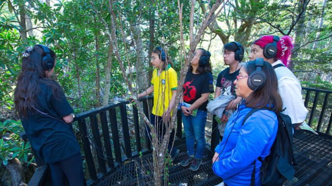 Visitantes utilizando equipos de amplificación y audífonos para escuchar los sonidos de los árboles y musgos en el Parque Omora en Puerto Williams